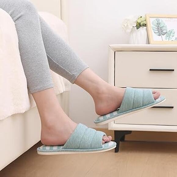 Shevalues Women Size 8.5 Bue White Striped Open Toe Slide On House Slipper Shoes - Picture 6 of 7